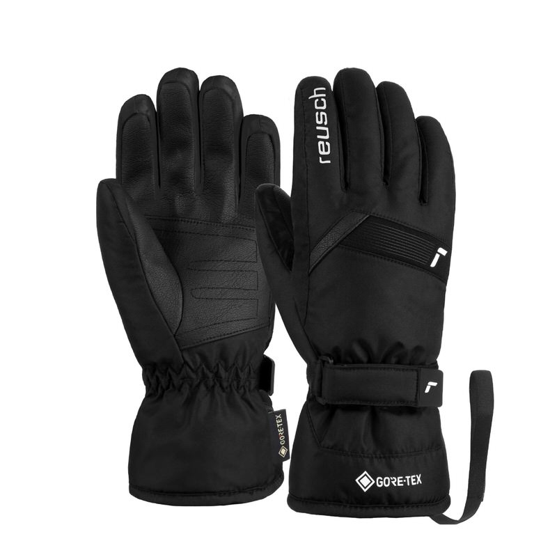 Reusch Gants Flash GORE-TEX Gants de ski noirs Reusch Flash GORE-TEX JR, paume en cuir, dos de la main avec logo Gore-Tex et lanière ajustable.