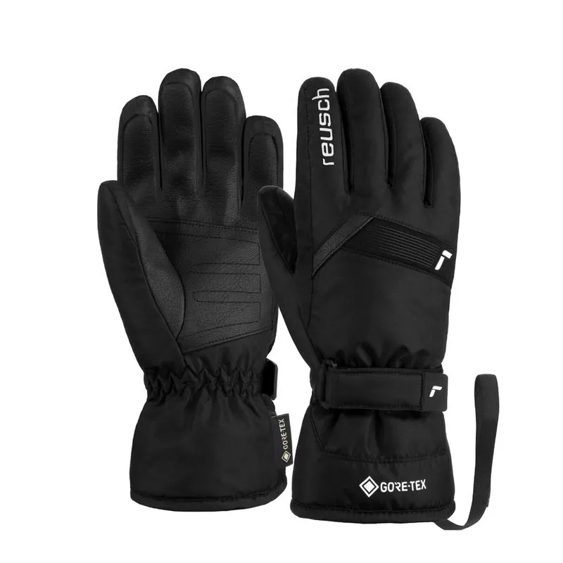 Schwarze Reusch Flash GORE-TEX JR Skihandschuhe, Handfläche Lederoptik, Handrücken Gore-Tex Logo und verstellbarer Riemen.