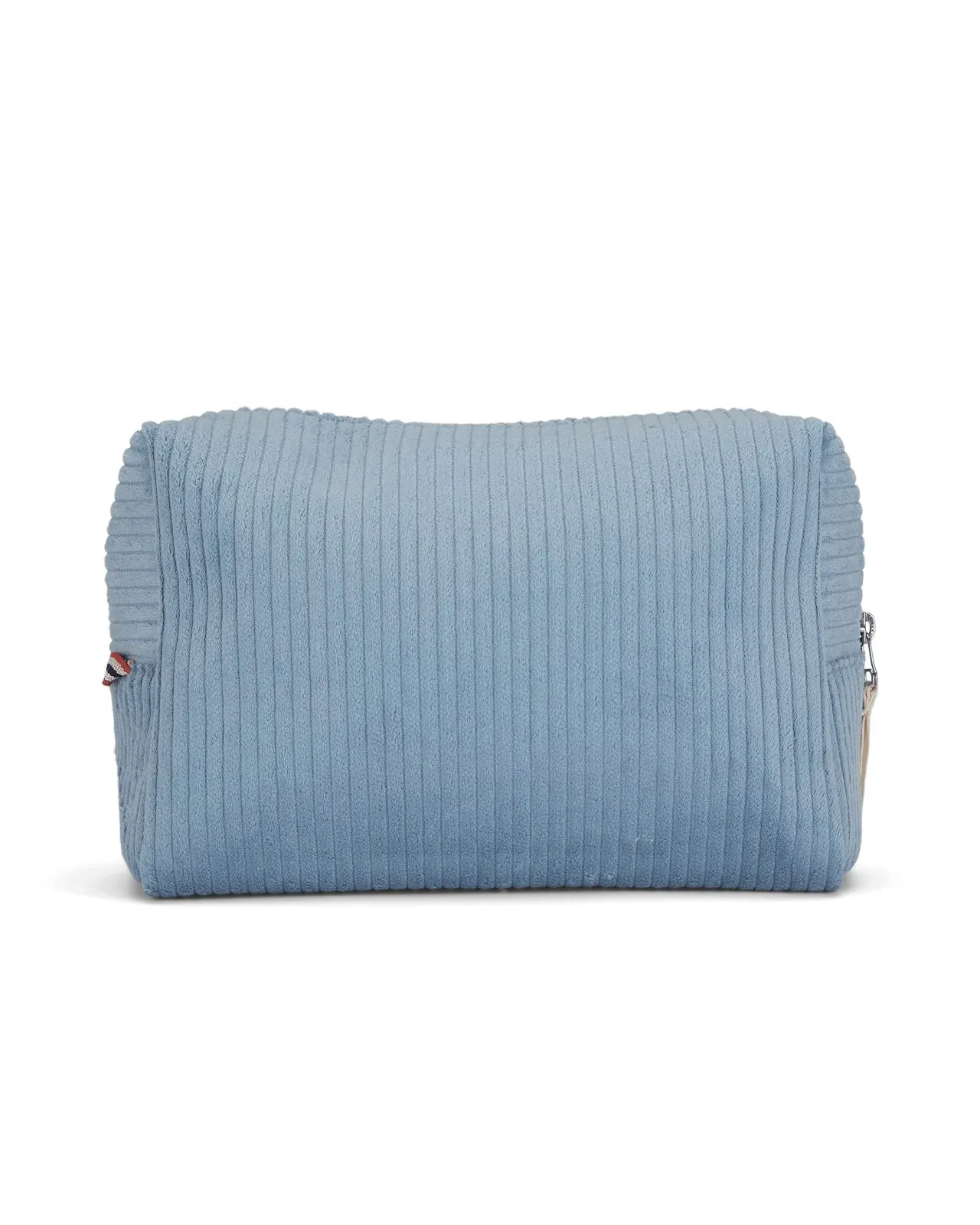 Light blue, rectangular corduroy bag with zipper, insulated on a white background.