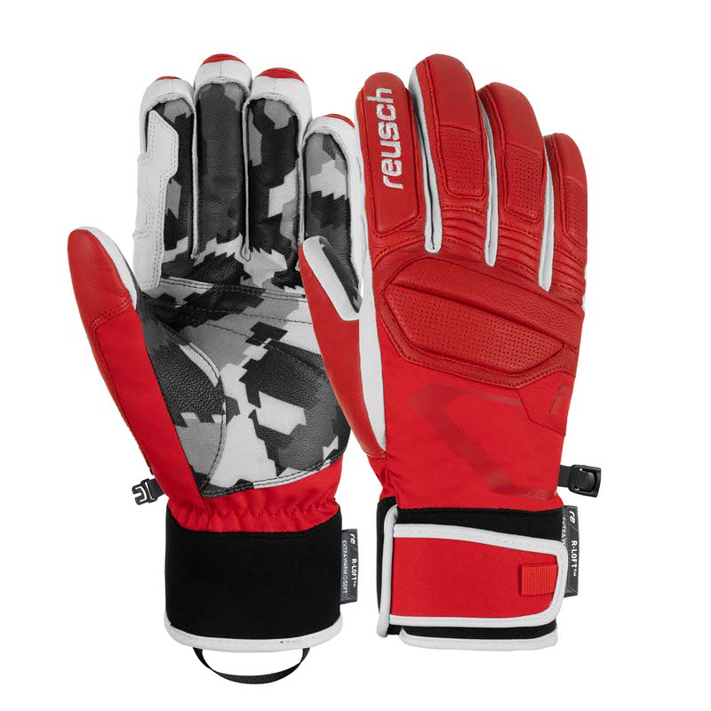Zwei Reusch Marco Odermatt Skihandschuhe, einer rot mit weiß, einer grau/schwarz/weiß Camouflage.