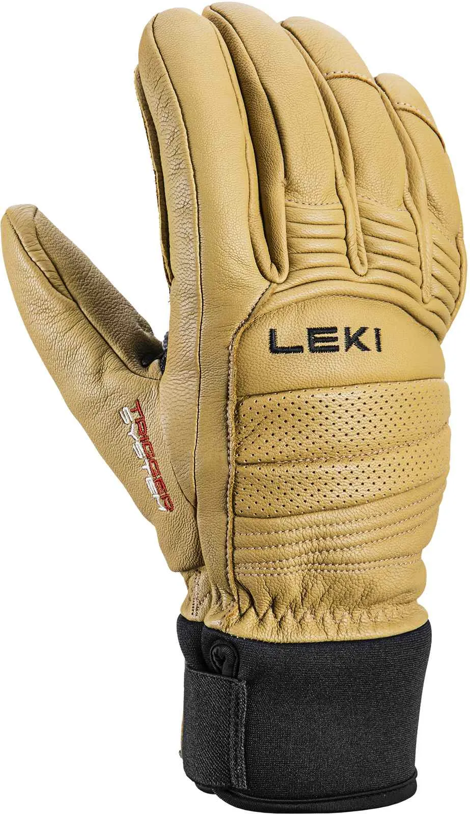 Close-up of a Leki Copper 3D Pro glove in shades of brown and black. The Leki brand is depicted on the glove.