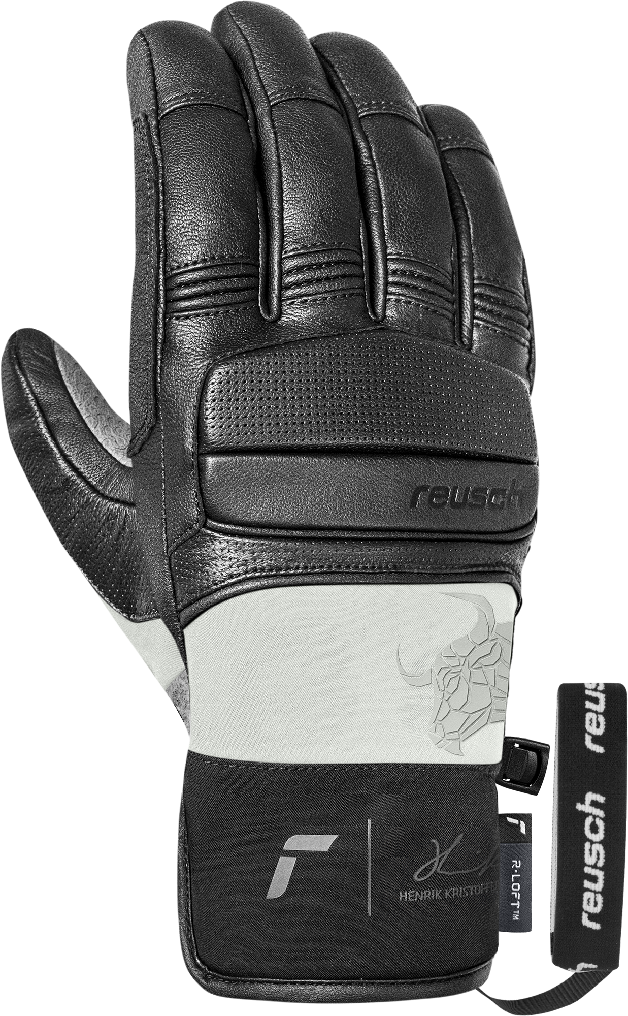 Eine schwarze Reusch-Lederhandschuh mit Markenlogo und einem silbernen Büffelkopf-Design auf hellem Stoff.