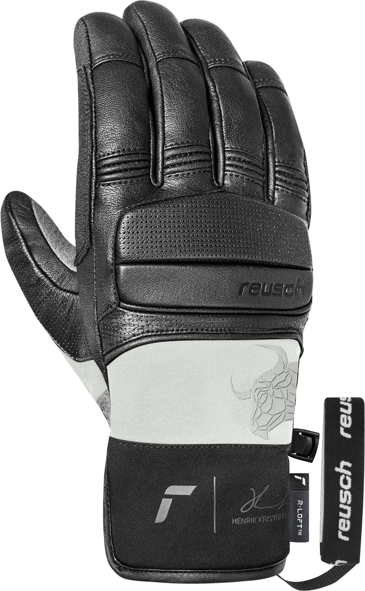 Guanto in pelle nera Reusch con logo del marchio e testa di bufalo argentata su tessuto chiaro.