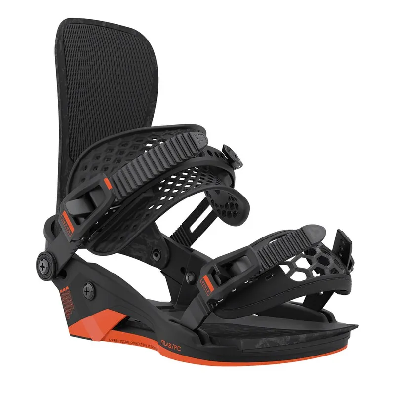 Black Union Atlas FC Forged snowboard binding, side view, with highback and straps.
