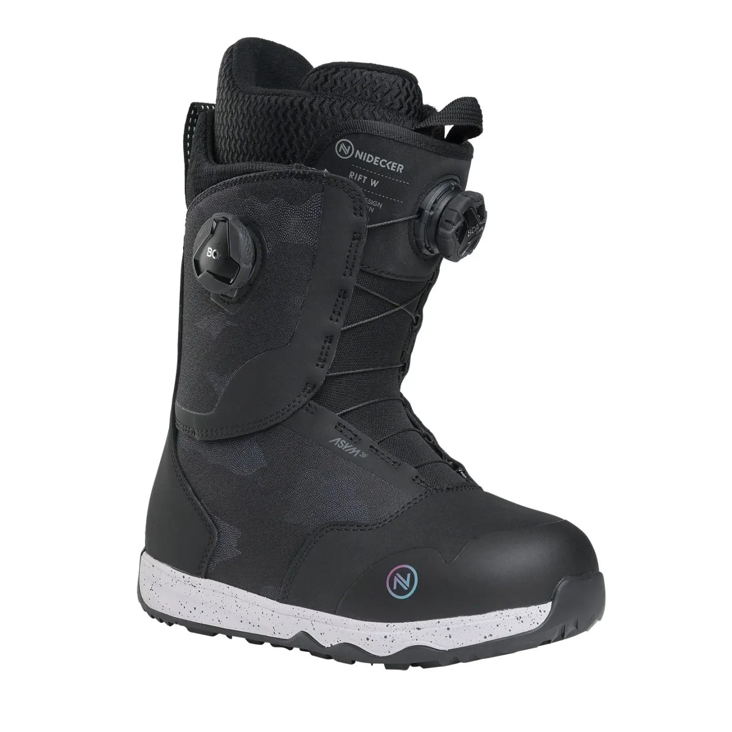 Black Nidecker Rift W snowboard boot with dual-dial BOA system and white sole.