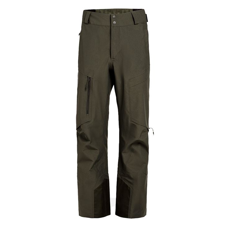 Y-1 HD GORE-TEX trousers A Y-1 HD GORE-TEX Pro 3L Shell Pant in Forest Green, front view. The pants have pockets and zippers.