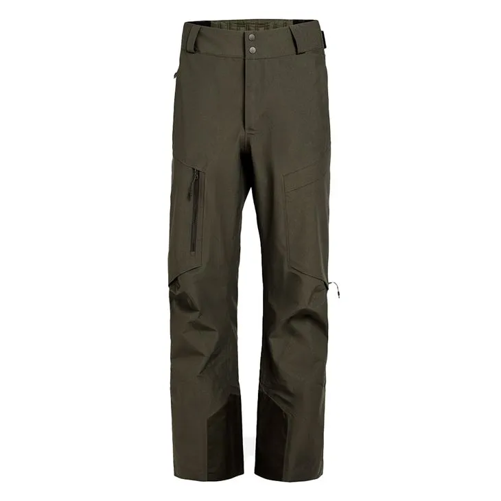 Eine Y-1 HD GORE-TEX Pro 3L Shell Pant in Forest Green, frontal dargestellt. Die Hose hat Taschen und Reißverschlüsse.