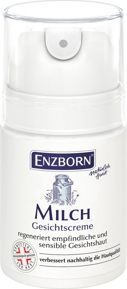 Spender Milch Gesichtscreme, weiße Flasche mit transparentem Deckel und Milchkanne auf dem Etikett.