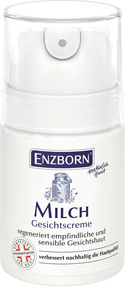 Spender Milch Gesichtscreme, weiße Flasche mit transparentem Deckel und Milchkanne auf dem Etikett.