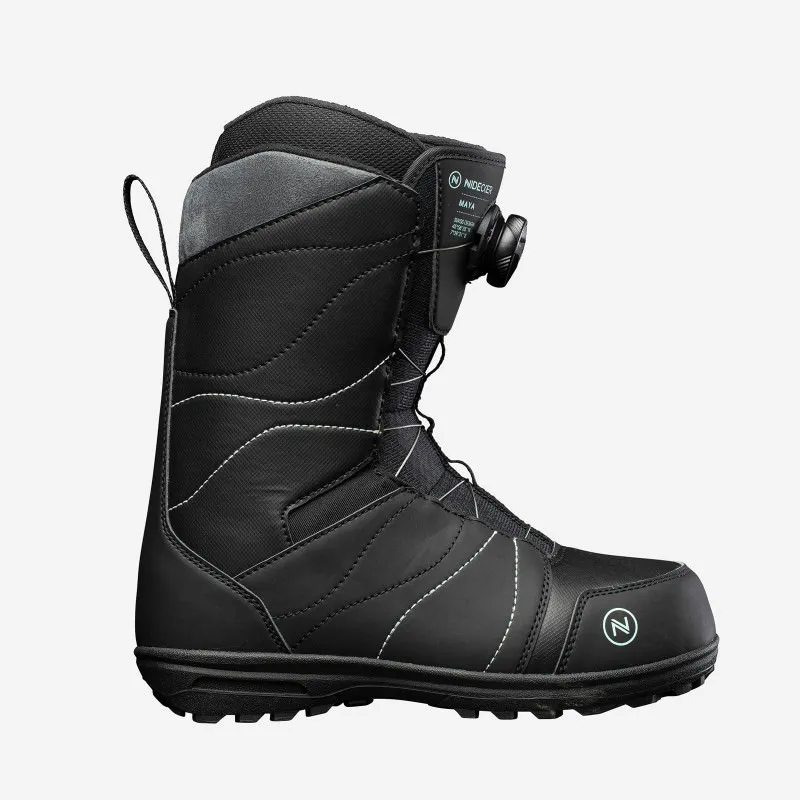 Schwarzer Nidecker Maya Snowboard-Boot mit Boa Schnürsystem, Seitenansicht.