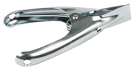 Silberne, offene Metallklemme für Kantenschleifwerkzeug mit Feder und Löchern.