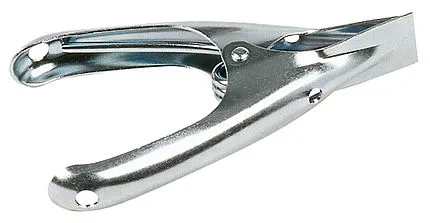 Silberne, offene Metallklemme für Kantenschleifwerkzeug mit Feder und Löchern.