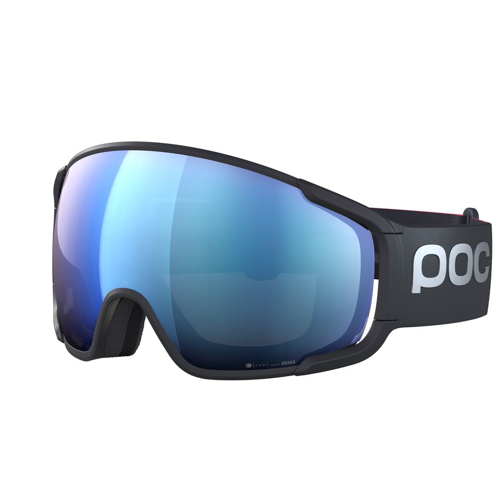 Primo piano delle maschere da sci POC Zonula Clarity Comp con lenti blu e montatura nera.