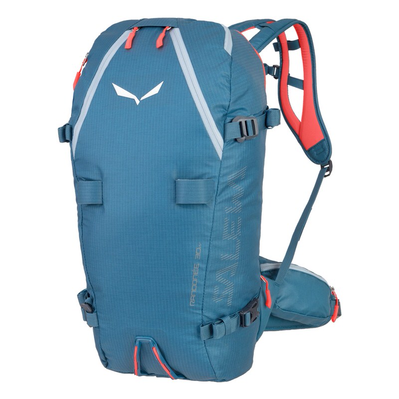 Blauer Salewa Randonee 30L Damen Rucksack, Frontansicht, rote Akzente an Reißverschlüssen und Trägern.