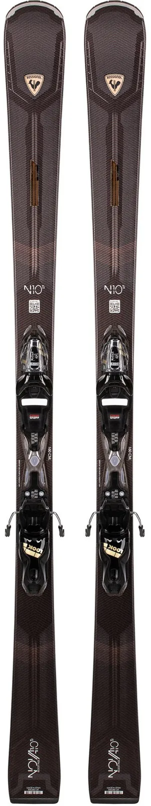 Rossignol Ski Nova 10 TI: due sci con attacchi dall'alto, modello a spina di pesce marrone-nero.