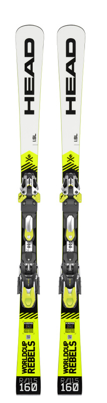 Ski Head WC Rebels i.SL mit gelber Aufschrift Worldcup Rebels, Bindungen, Länge 160, weißer Spitze mit Head Logo.