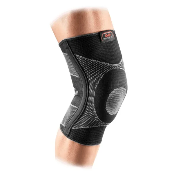 Ginocchiera nera elastica MCDavid, con dettagli grigi e logo rosso.