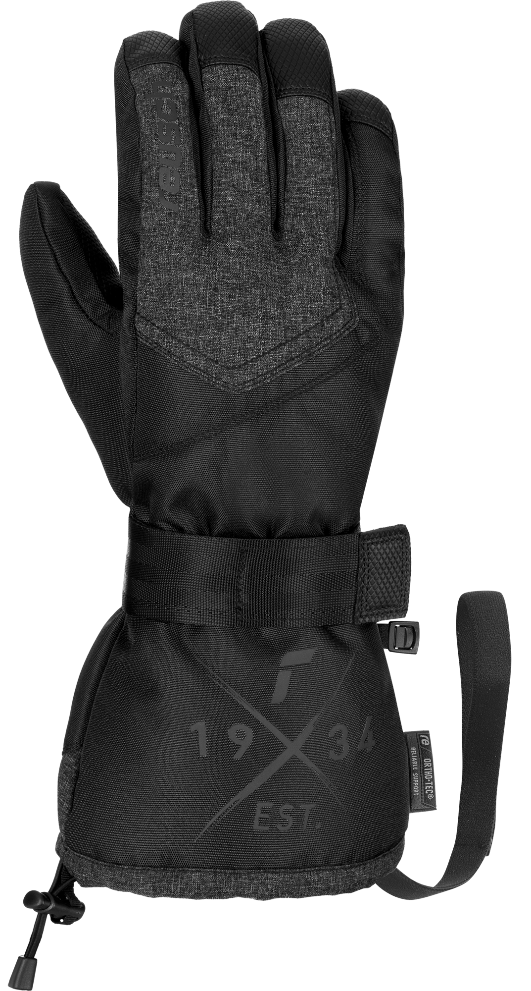 Schwarzer, gefütterter Winterhandschuh mit Handgelenkschlaufe und Logoaufdruck.