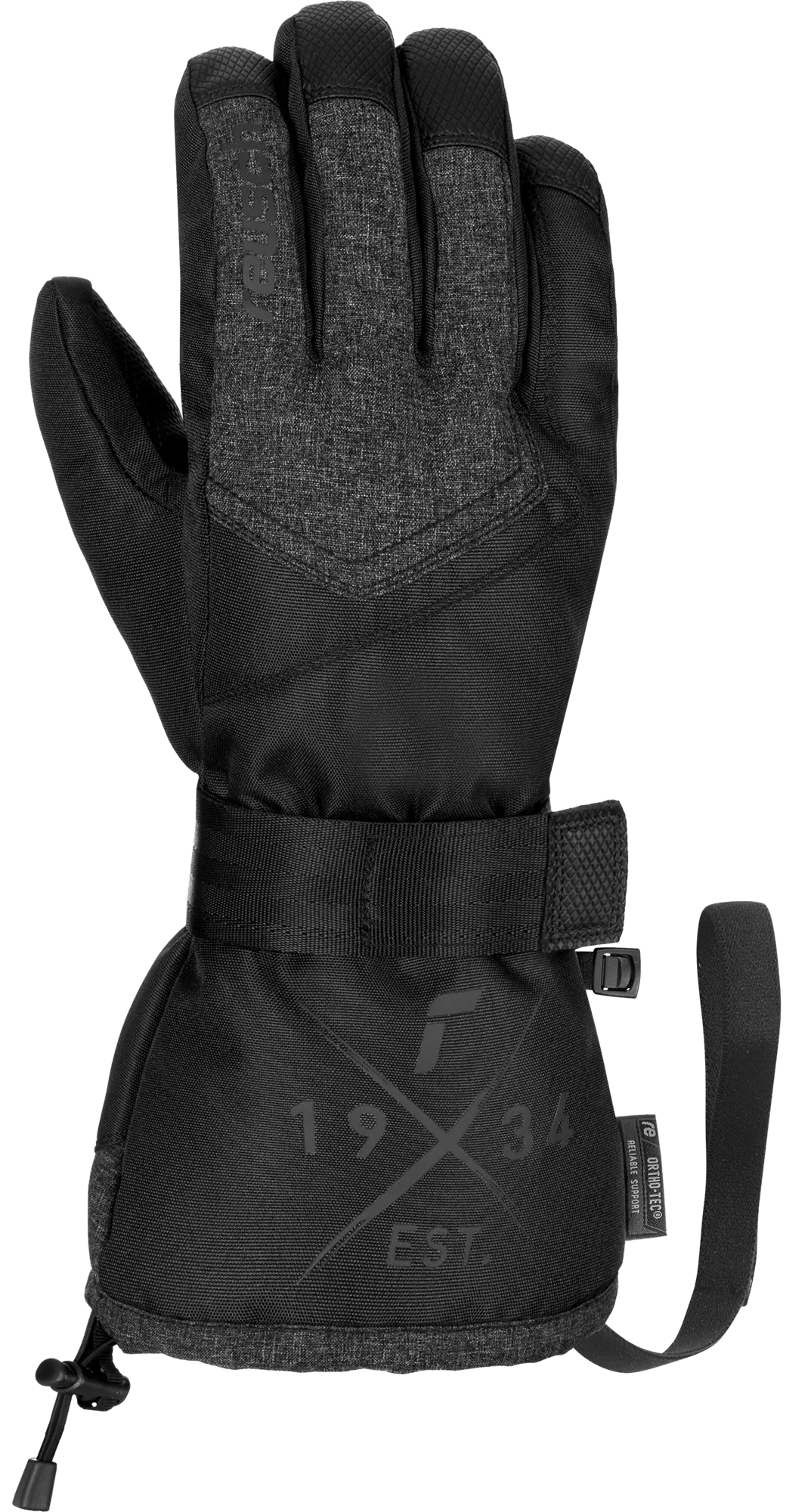 Black, lined winter glove with wrist strap and logo print.