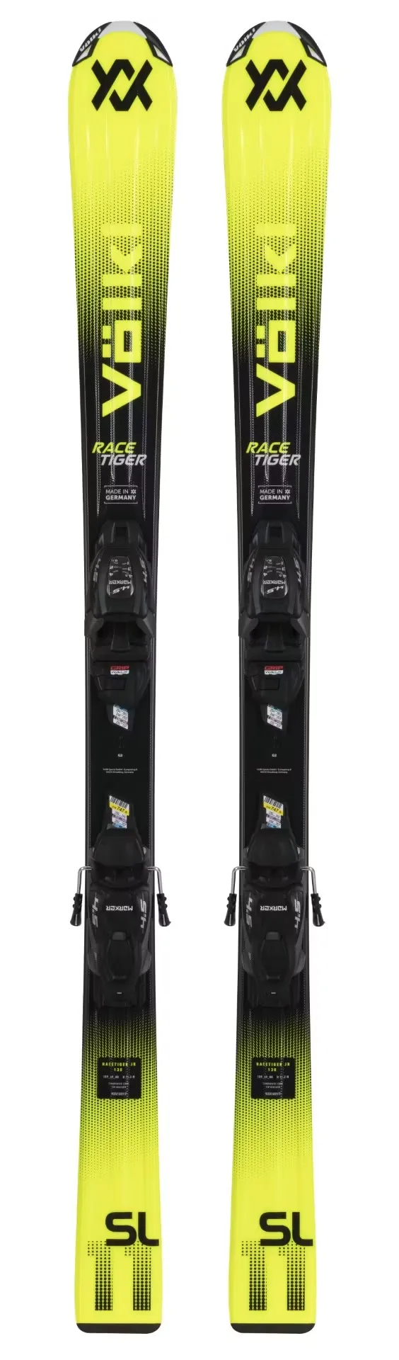 Zwei Ski mit gelb-schwarzem Muster und Bindungen stehen aufrecht nebeneinander. Aufschrift "Völkl", "Race Tiger" und "SL" sichtbar.