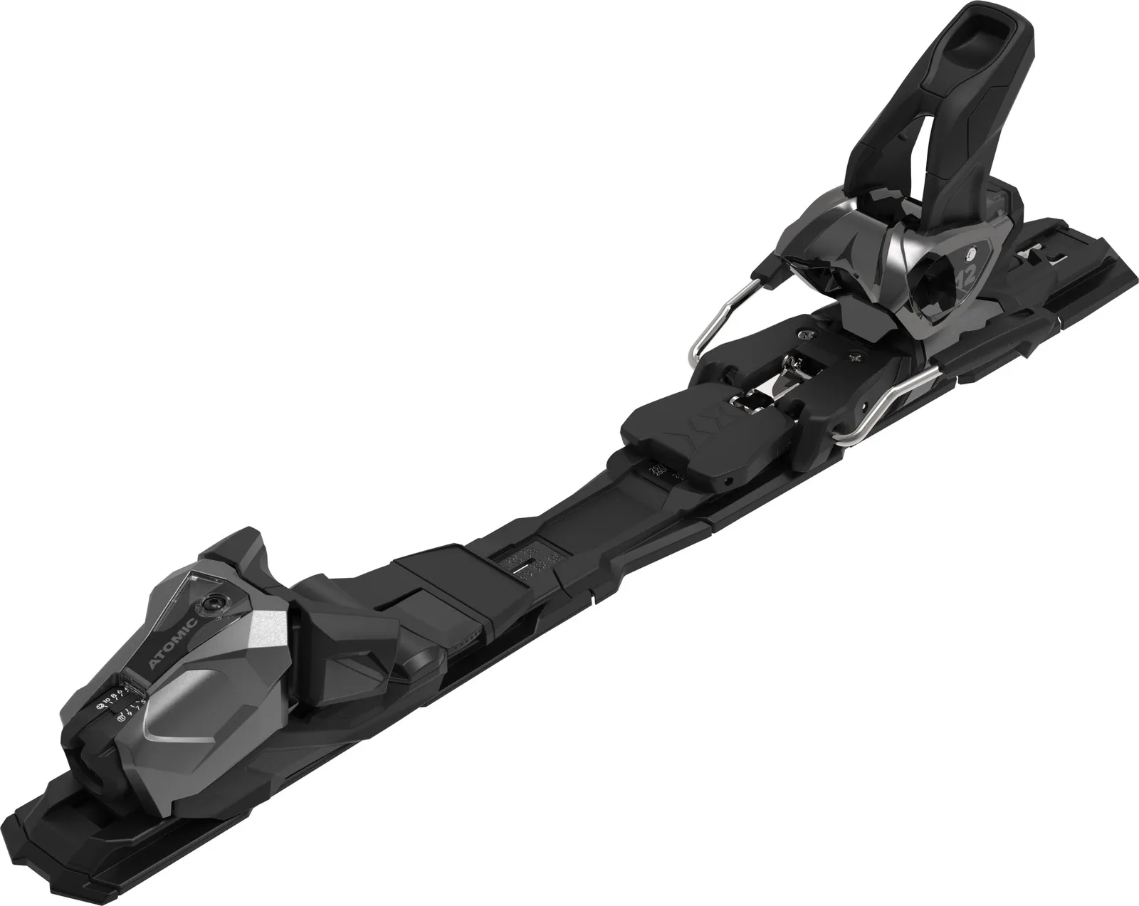 Black Atomic ski binding, photographed at an angle from above, against a white background. The binding has silver accents and scaling.