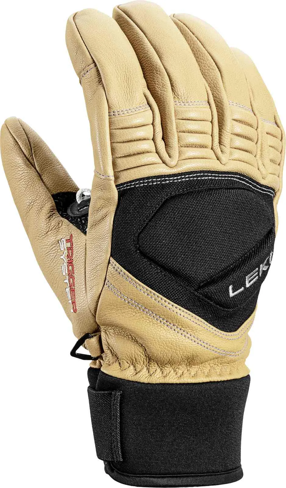 Nahaufnahme eines Leki Copper 3D Ski-Handschuhs in tan/schwarz. Leder, schwarze Manschette und "LEKI"-Logo sichtbar.