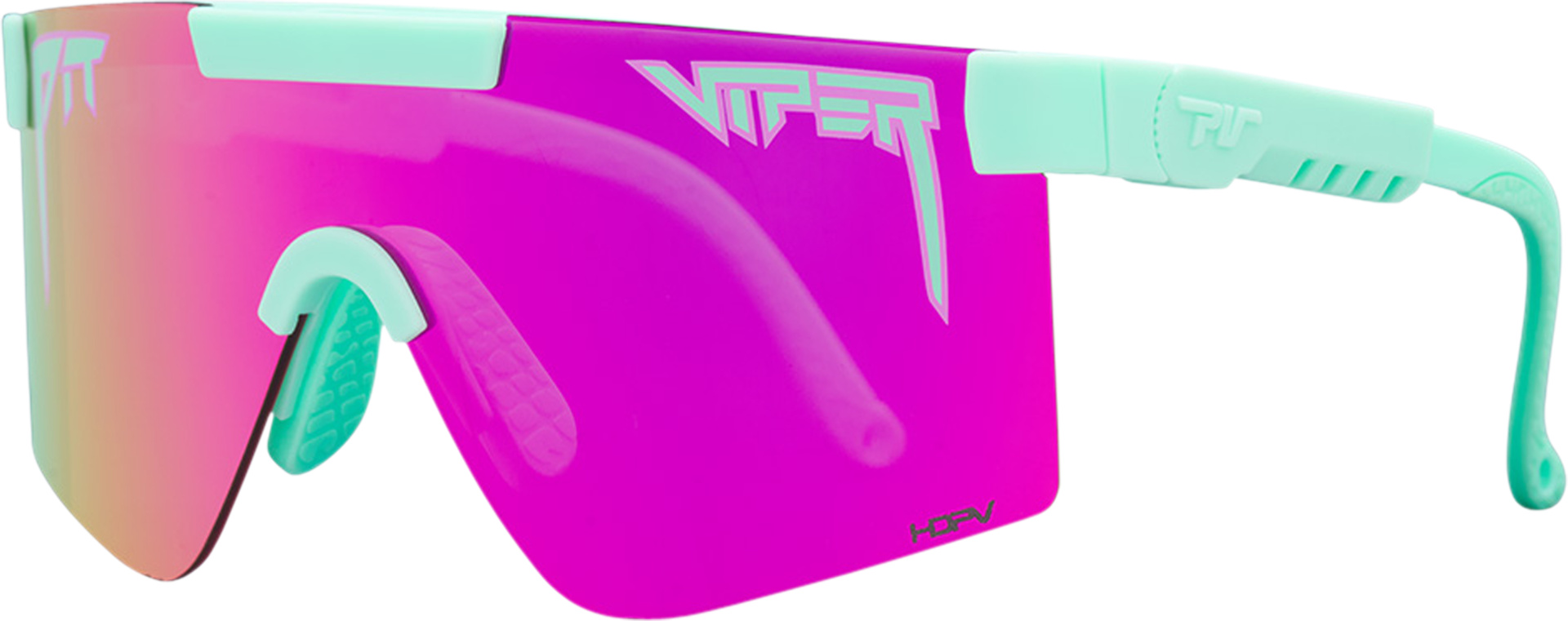 Pink polarisierte Pit Viper Sonnenbrille mit mintgrünem Rahmen, seitliche Ansicht.