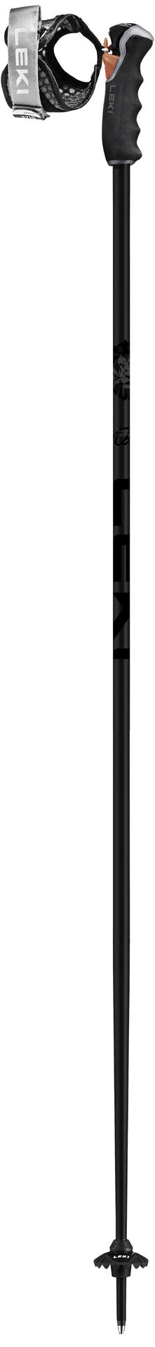 Schwarzer Leki Spitfire 3D Skistock mit Trigger 3D Griffsystem und Handschlaufe, seitlich aufgenommen.