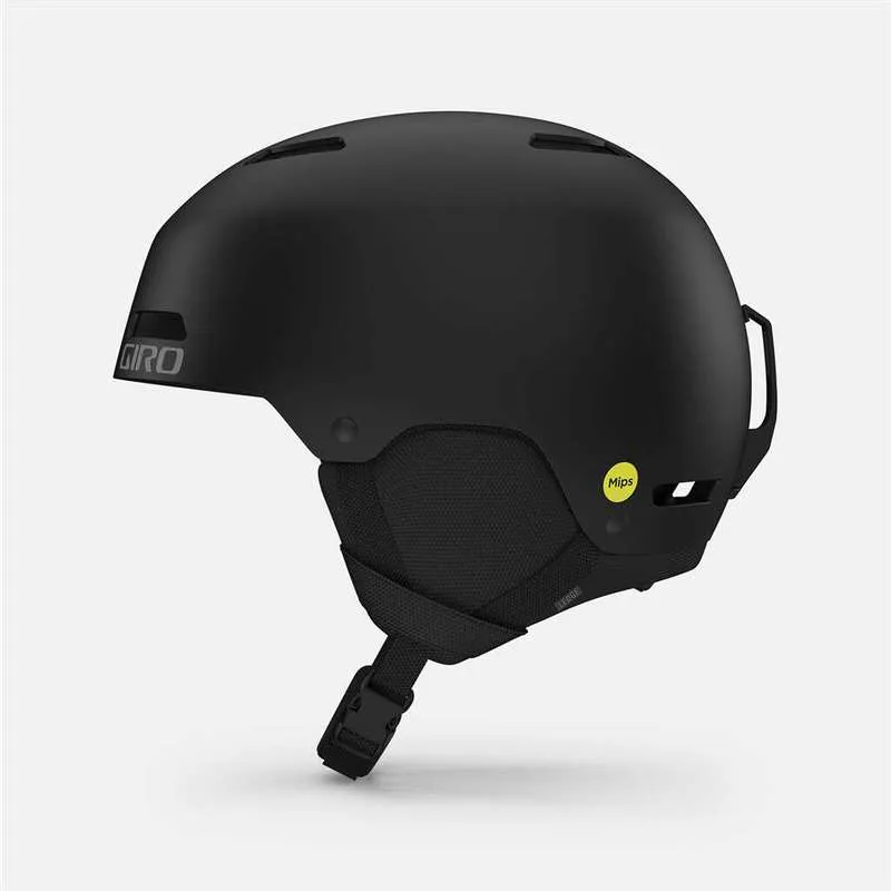 Black Giro Ledge FS Mips ski and snowboard helmet, side view, with chin strap and MIPS sticker.