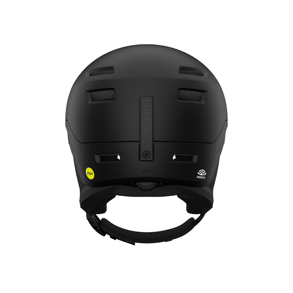 Schwarzer Giro Owen Skihelm mit MIPS und Spherical Technologie von hinten. Details wie Belüftungsschlitze sind sichtbar.
