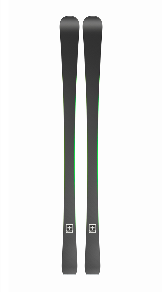 Zwei graue Ramser Green Ski, von vorne fotografiert, mit grünen Akzenten und Schweizerkreuz-Logo am Skiende.