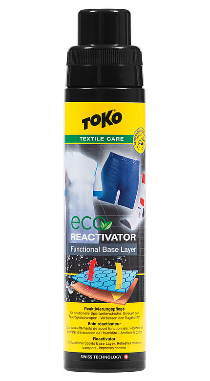 Toko Eco Functional Reactivator Flasche mit Symbolen für atmungsaktive Sportbekleidung.