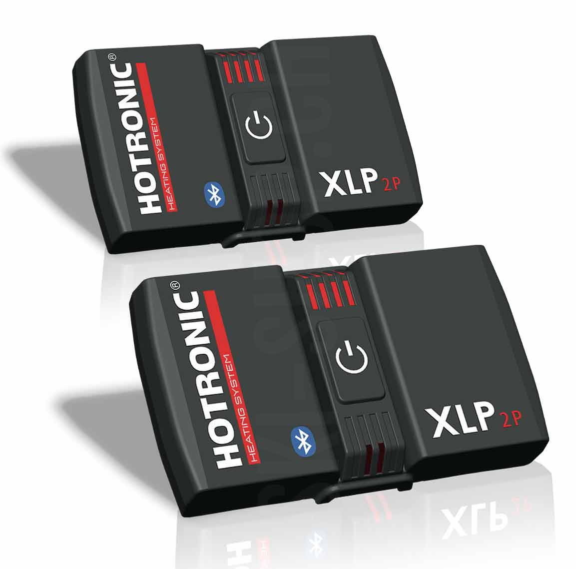 Hotronic XLP 2P BT Akkus Zwei schwarze Hotronic XLP 2P BT Akkus mit Schalter, Bluetooth-Symbol und rotem Schriftzug.