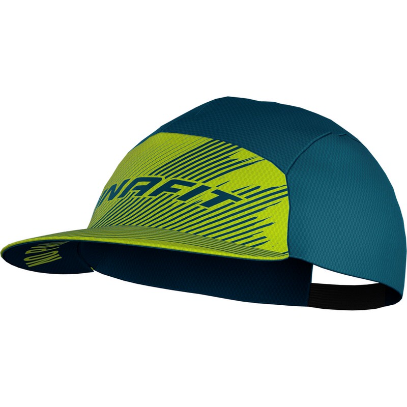 Light green Dynafit Alpine Visor Cap with dark blue accents and stripe pattern. View from the side.