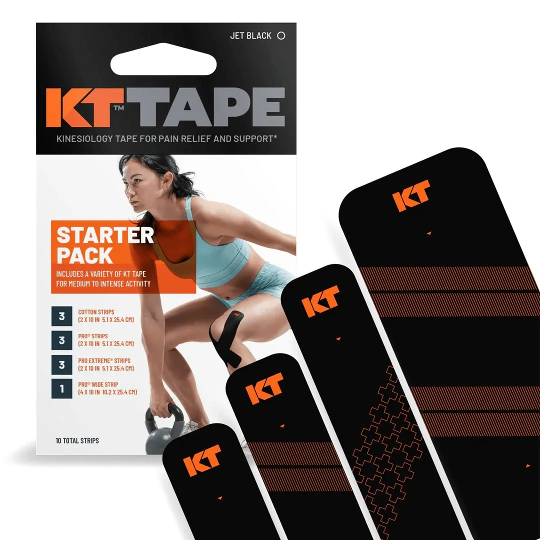 KT Tape Starter Pack: Packaging with product information and four Kinesiotape strips in black/orange.
