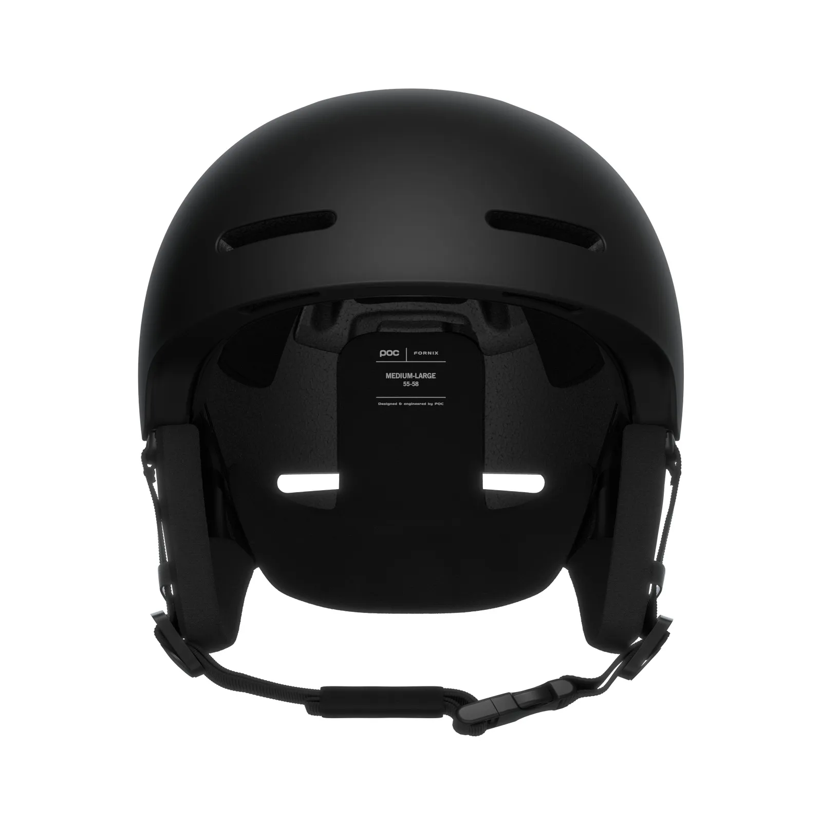 Matt black POC Fornix ski helmet from behind, with size indication and chin strap.