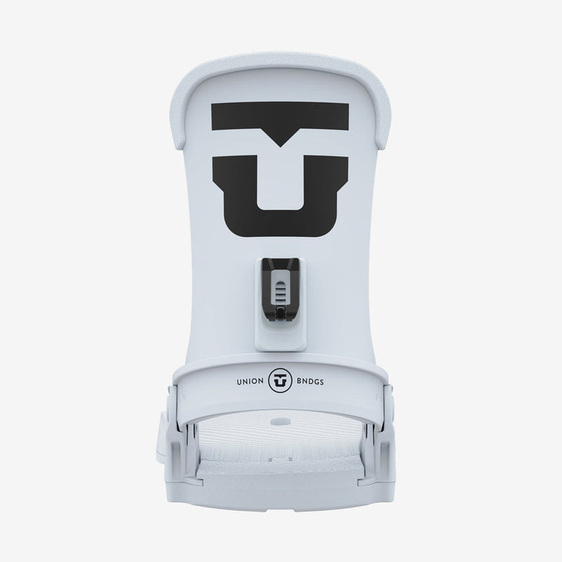 Union Trilogy Snowboardbindung Nahaufnahme der Union Trilogy Light Blue Snowboardbindung, Frontansicht, weiß mit schwarzem Union-Logo.