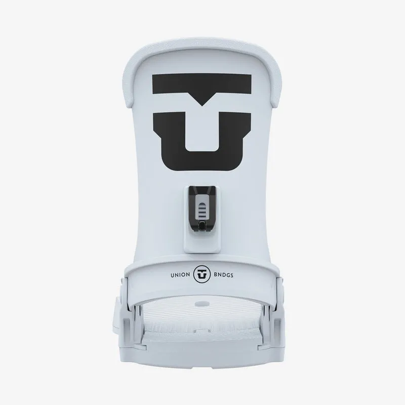 Close-up of the Union Trilogy Light Blue snowboard binding, front view, white with black Union logo.