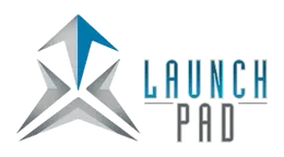Logo featuring a stylized arrow composed of gray and blue segments on the left. To the right of it is the text "Launch Pad," framed by two horizontal lines at the top and bottom. The text is in blue.