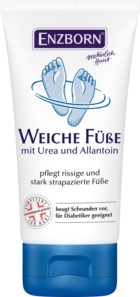 Tube "Weiche Füsse" mit Füße-Illustration, mit Urea und Allantoin für rissige, strapazierte Füße.