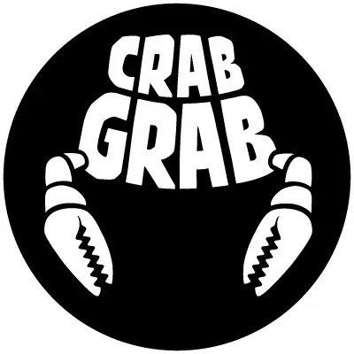 A black circle with white lettering reading "Crab Grab." Below the lettering are two stylized white crab claws reaching upward.