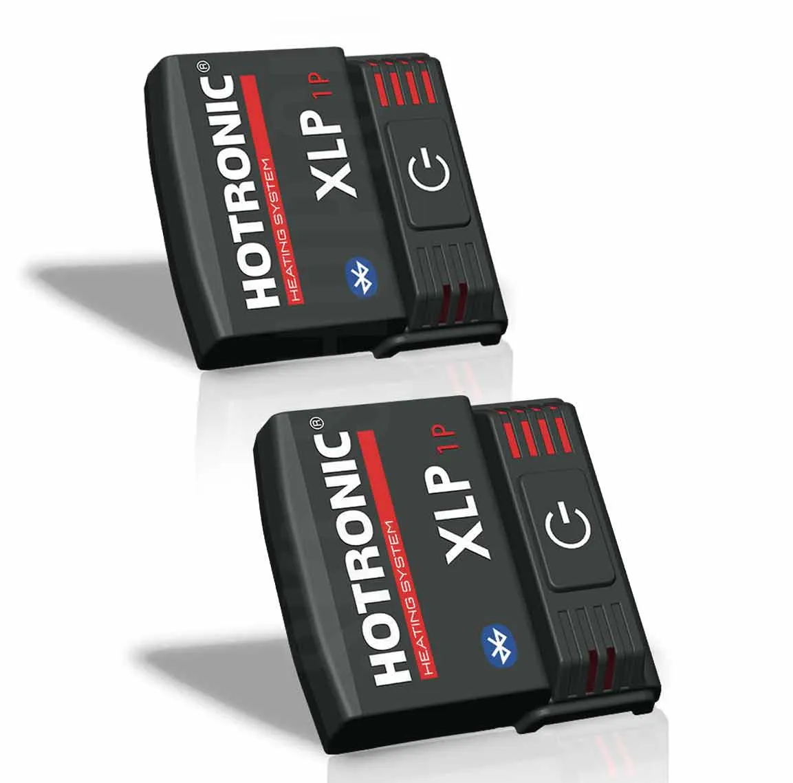 Zwei Hotronic XLP 1P BT Akkupacks für Heizsocken, in Schwarz und Rot, mit Bluetooth Symbol.