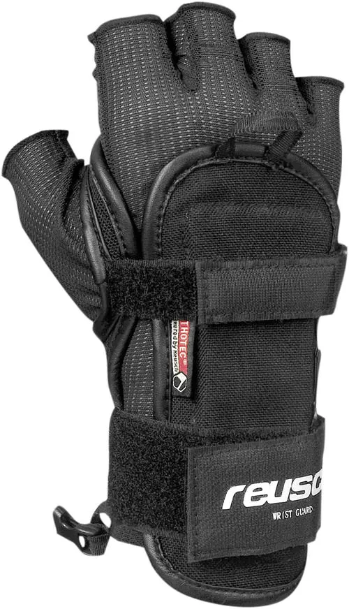 Black Reusch Wrist Guard glove with wrist support and open fingers, with Velcro fasteners.