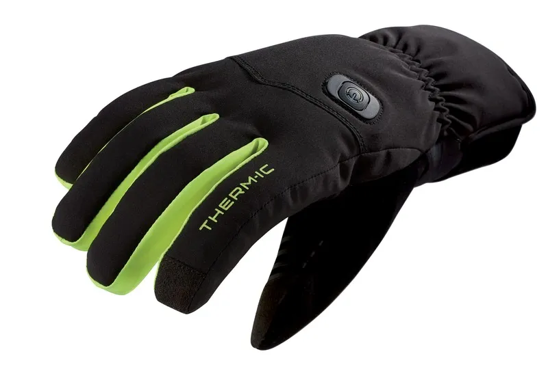 Therm-ic Powergloves Light+ : Gants noirs avec des accents verdâtres et le logo Therm-ic, bouton de commande inclus.
