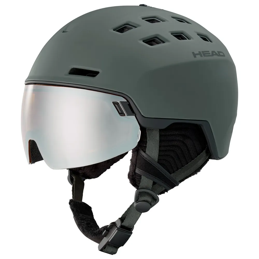 Head Radar" ski helmet in night green with silver visor, chin strap and ventilation openings.
