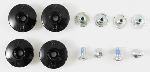 Close-up of Head Raptor Canting Kit parts, including nuts and bolts. Four black washers and silver fasteners.