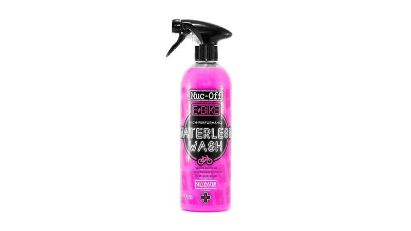 Pinke Muc-Off Sprühflasche Pinke Sprühflasche Muc-Off eBike Waterless Wash für E-Bike Reinigung, schwarzer Sprühkopf.