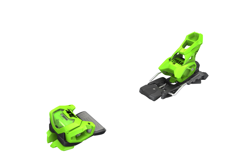 Grüne ATTACK² 14 GW Bindung Grüne ATTACK² 14 GW Ski Bindung, Front- und Fersenteil getrennt auf weißem Hintergrund.