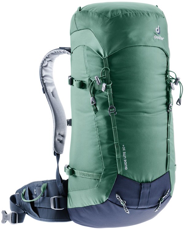 Seagreen-Navy Guide Lite 30+ Rucksack, Frontansicht. Der Rucksack ist hoch, schmal und hat diverse Riemen.