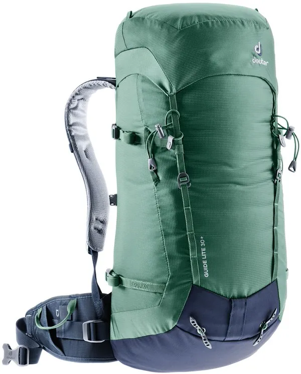 Seagreen-Navy Guide Lite 30+ Rucksack, Frontansicht. Der Rucksack ist hoch, schmal und hat diverse Riemen.